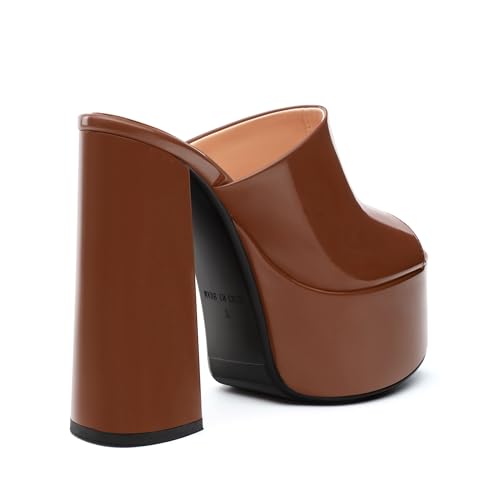 DEMOSHINE Dark Brown Platform Chunky Heels Sandals for Women Patent Slip on Open Peep Toe Slide on Block High Heels Sexy Club Party Candies Shoes 6 Inch Size 9