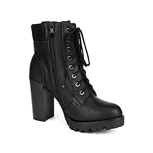 DREAM PAIRS Women's Lace up Combat Ankle Boots High Chunky Heel Fashion Heeled Booties Shoes,Size 5,BLACK,SCANDL
