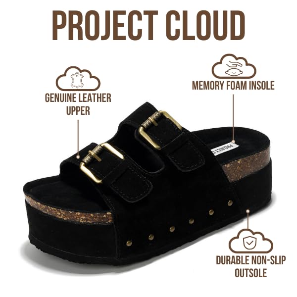 Project Cloud 100% Genuine Leather Platform Sandals Women - Memory Foam Insole with Two-Buckle - Non-Slip and Comfortable Wedge Sandals for Women 2026 (Oliy, BLK, 8.5)