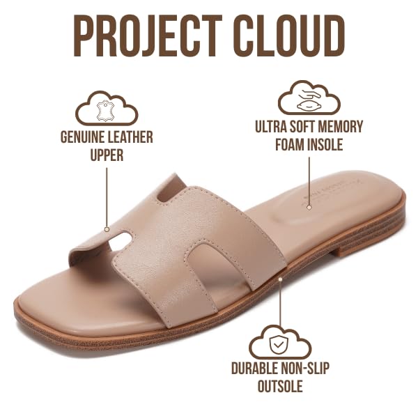 Project Cloud 100% Genuine Leather Sandals for Women 2026 - Fashion Flat Womens Sandals with Memory Foam Insole Slides Sandals Women Footwear - Mules Women's Sandals (Jannel, TAUPELEA,9M)