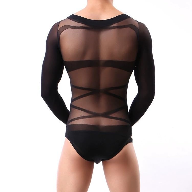 CAZEOUU Men's Sheer Black Bodysuit, Sexy Lingerie Set with Long Sleeve Top - Perfect for a Tempting Night In.