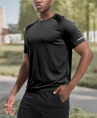 Men's 3 Packs Sport Shirts Fitness Tops Training Shirts Dry Fit Performance Workout Athletic Running Short Sleeve T-Shirt Tops Black/Gray/HGrey-3P03-L