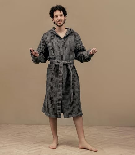 KOSMU 100% Organic Japanese Cotton Waffle Knit Bathrobe | Thick Luxury Hotel Spa Onsen Shower Sauna Towel Terry Bath Robe with Hood and Snap Buttons for Men & Women (Hooded, Smoke Grey, 2XL)