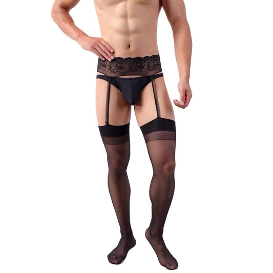 Mens Lingerie Garter Belt Stocking Fishnet Thigh High Tights Suspender Pantyhose