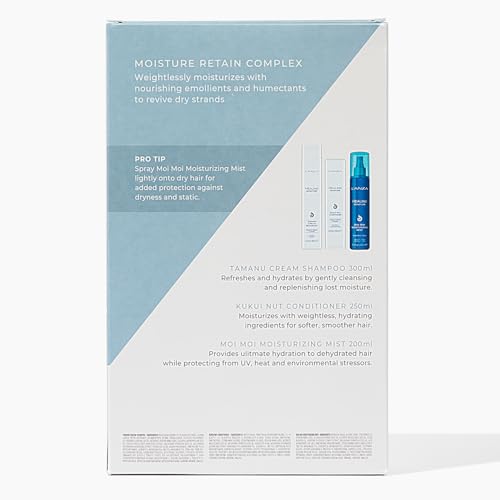 L'ANZA Healing Moisture Trio Hair Kit, Tamanu Cream Shampoo, Kukui Nut Conditioner & Moi Moi Moisturizing Mist Hairspray in a Gift Box, Luxury Hair Care Kit (10.1/8.5/6.8 Fl Oz)