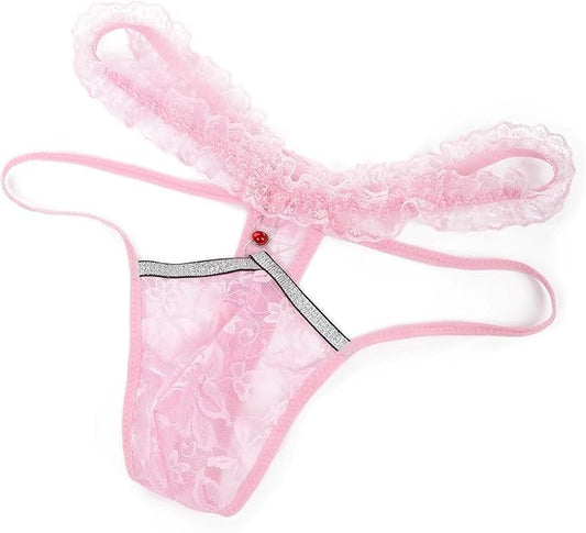 Men's Lace Sissy Panties - Pouch Thong, Feminine Underwear For Men Sexy Lingerie - Sheer Mesh Briefs - Gay Lingerie Crossdresser Pink