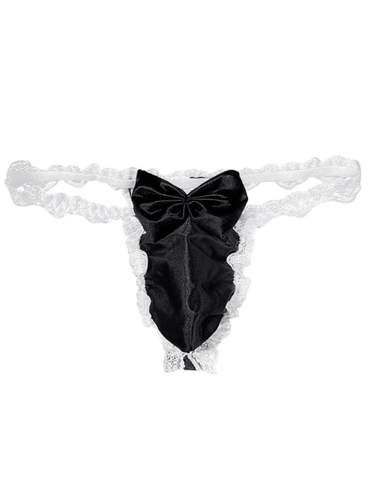 ChiaoLezhee Valentines Lingerie For Men, Satin Lace Sexy Underwear, Sissy Panties Femboy, Bow Girly Thong,Black