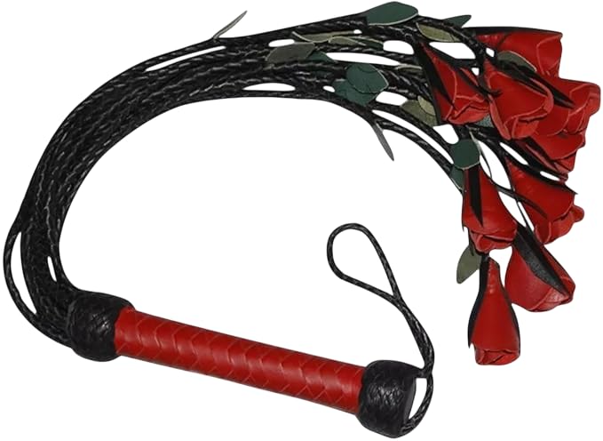 Real Leather Flogger 09 Braided Red Rose | Whip 18 Inch Equestrian Horse Riding Crop | Green Petals Cat O Nine Costumes Equestrian Horse Whip