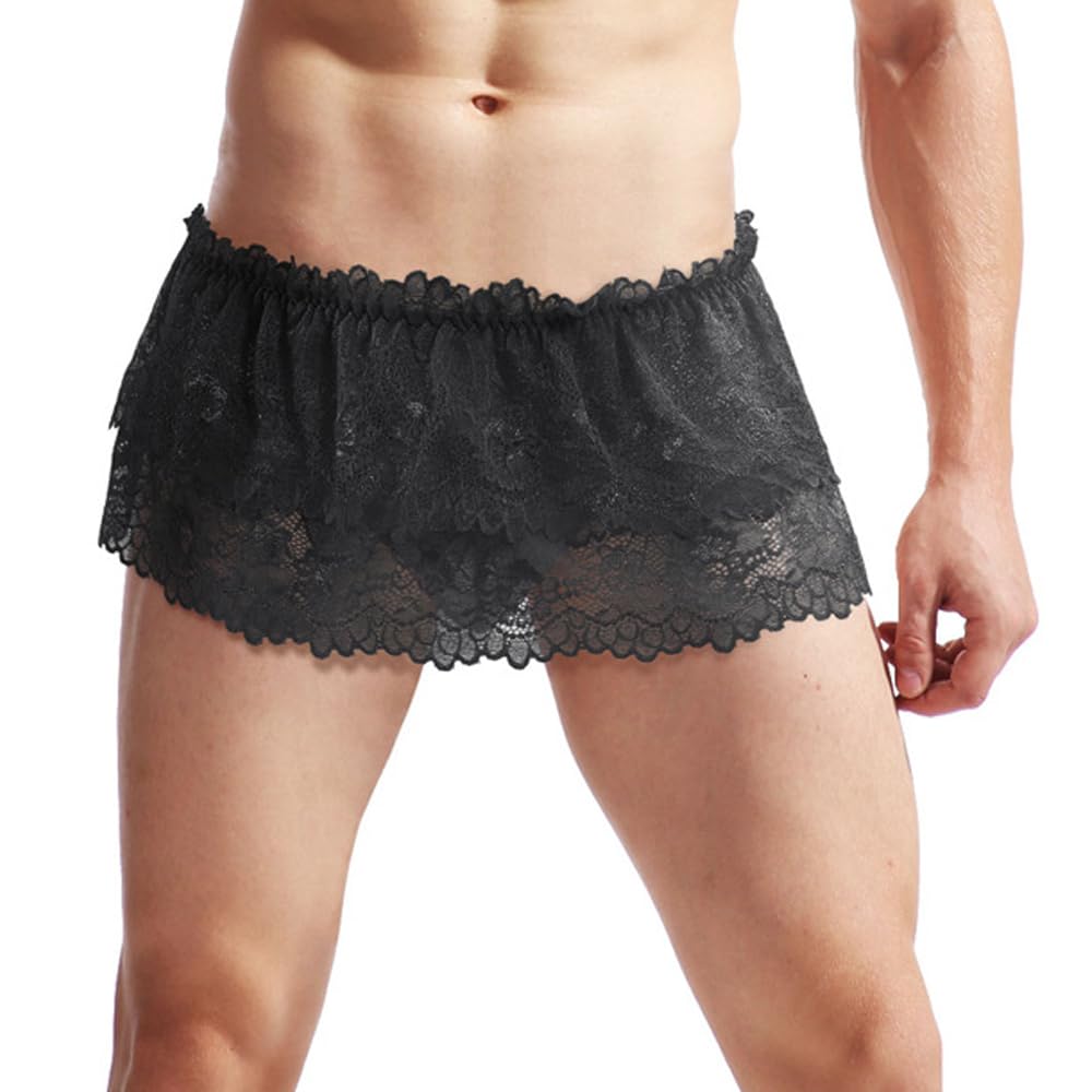 BTREEFLO Men's Sissy Lace Panties Double Layer Skirt Sissy Pouch Briefs Lingerie Sexy Underwear Thongs Black
