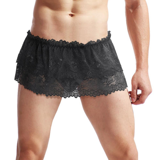 BTREEFLO Men's Sissy Lace Panties Double Layer Skirt Sissy Pouch Briefs Lingerie Sexy Underwear Thongs Black