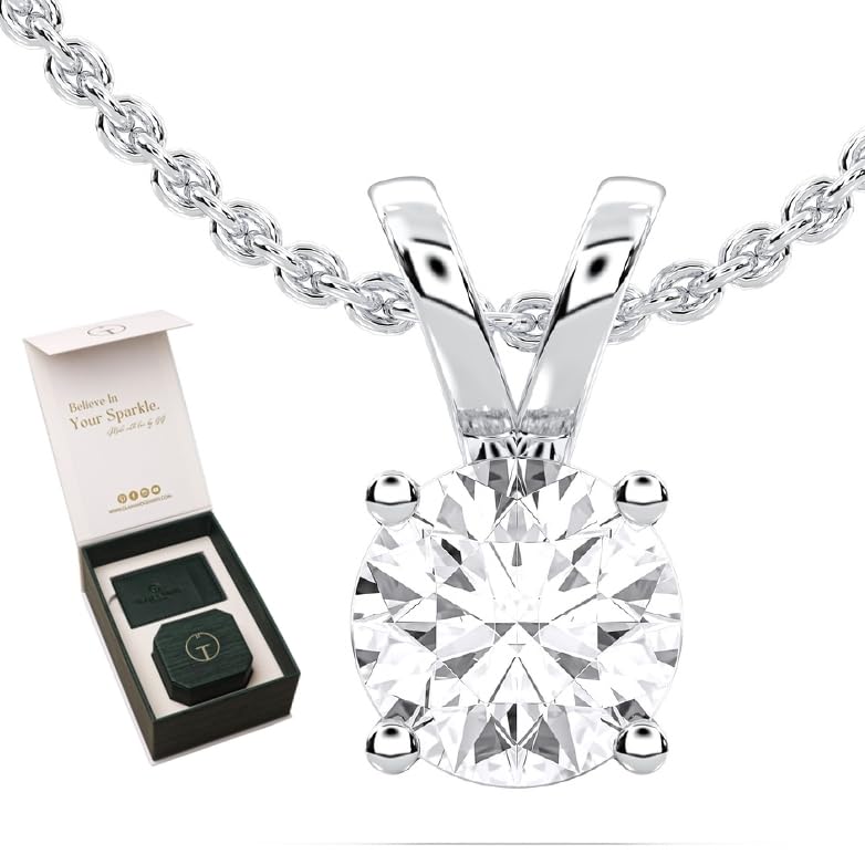 14K White Gold Pendant Necklace With 1 Carat Lab Grown Diamond, IGI Certified Lab Grown Diamond Solitaire Stud Pendant With Gold Plated Silver Chain (E-F Color, VVS-VS) For Women Gift For Her