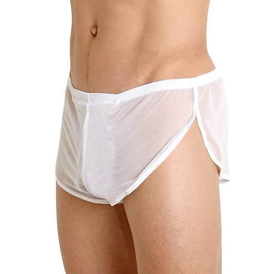 Mens Mesh Shorts See Through with Large Split Sides Sexy Sheer Boxers Underwear White 2XL