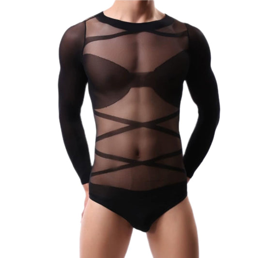 CAZEOUU Men's Sheer Black Bodysuit, Sexy Lingerie Set with Long Sleeve Top - Perfect for a Tempting Night In.
