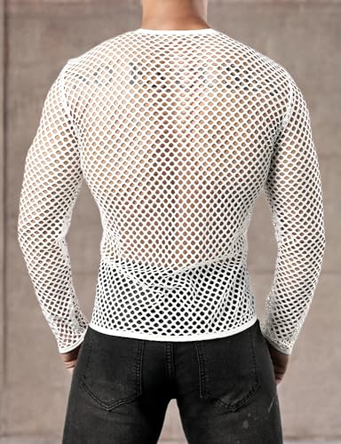 JOGAL Men's Mesh Fishnet Fitted Long Sleeve Muscle Top Medium WG04 White