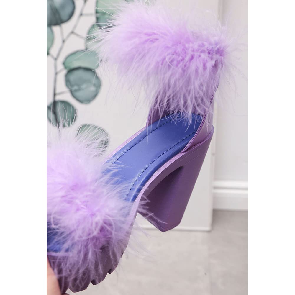 Women'S Faux Fur Chunky Heel Sandals Platform Open Toe Fuzzy Ankle Strap Sexy Colorful Wedding Dress Heels(Purple,8