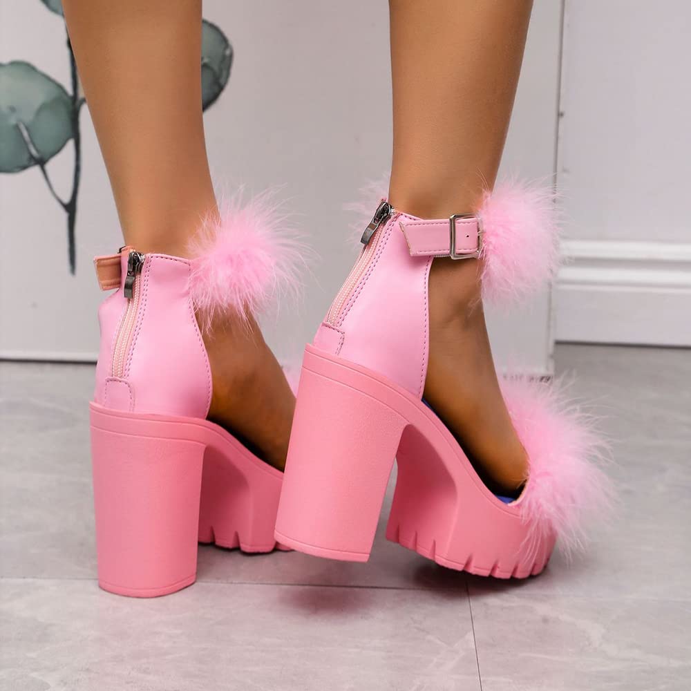 Women Faux Fur Chunky Heel Sandal Ankle Strap Dress Heel Pink 9