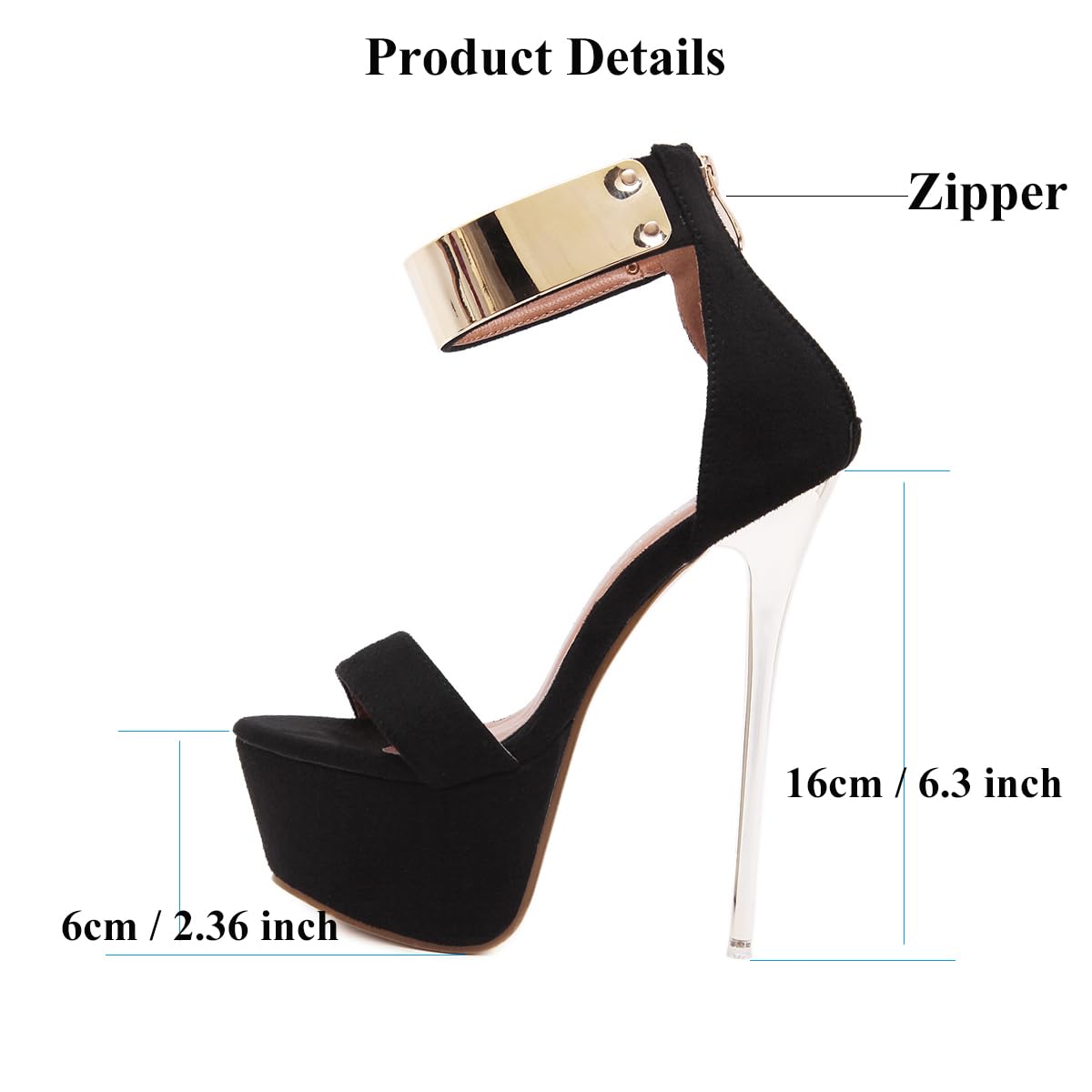 Stiletos Black Heels for Women Sexy Platform Open Toe Zipper Heeld Sandals 6.3 Inch Party Prom Banquet Shoes (Black,7)
