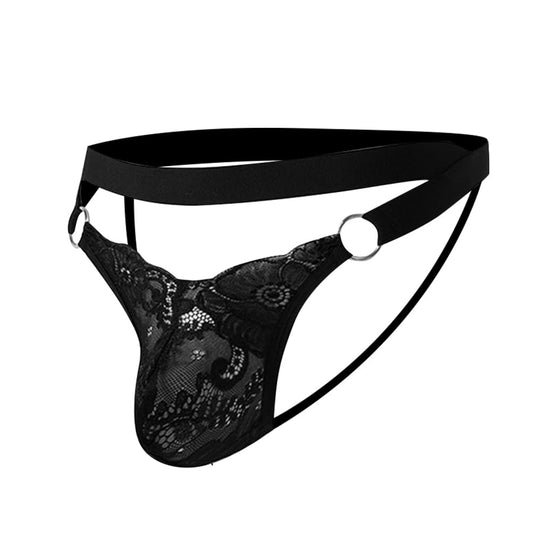 ABAFIP Men's Lace Thong Underwear Low Waist Sissy Pouch G-String Panties Crossdressing Lingerie Black Large