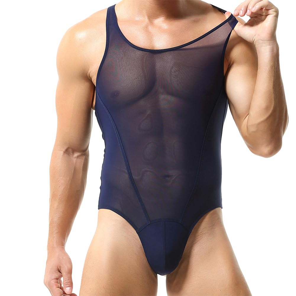 FYMNSI Men's Sheer Mesh Leotard Underwear See Through Sleeveless Thong Undershirt Bodysuit Fishnet Fitted Wrestling Singlet Jumpsuit Thongs Workout Muscle Shirt Tops Nightwear Clubwear Navy Blue M
