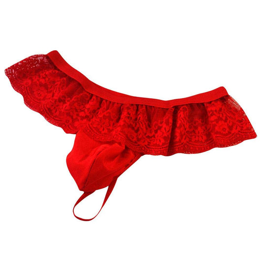 Men's Frilly Lace Trim Sissy Skirted Panties T-back G-string Thongs Briefs Girly Lingerie Crossdress Underwear Red One Size
