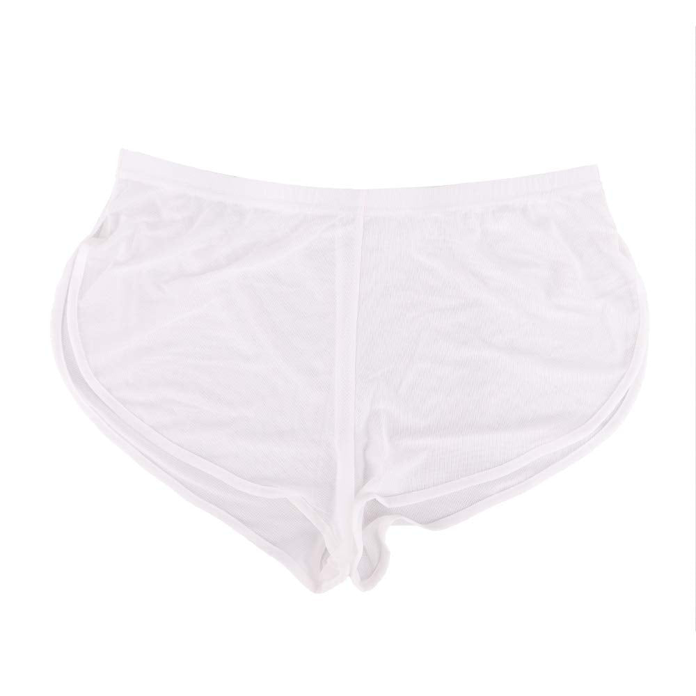 Mens Mesh Shorts See Through with Large Split Sides Sexy Sheer Boxers Underwear White 2XL