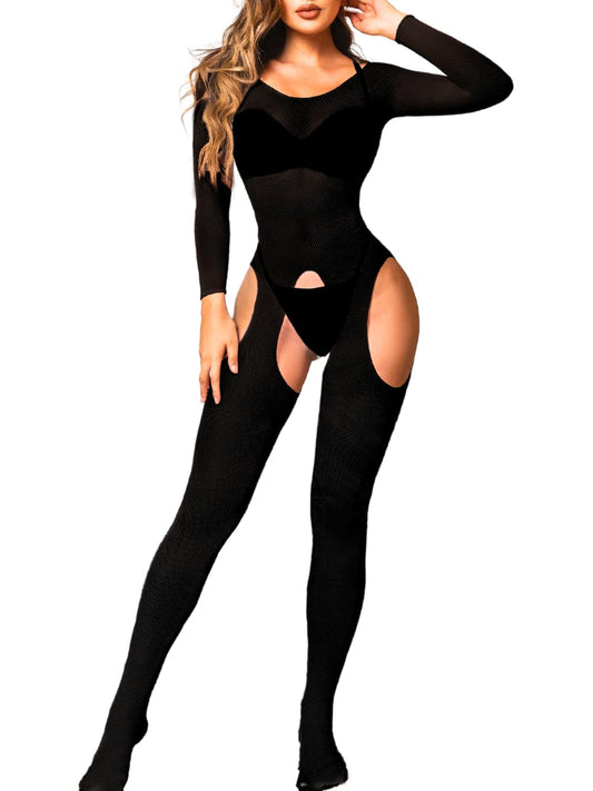 Kaei&Shi Fishnet Bodysuit For Women Fit 0-18, Sexy Long Sleeve Bodystocking, Plus Size Exotic Sheer Lingerie Glow Rave Outfit,Black