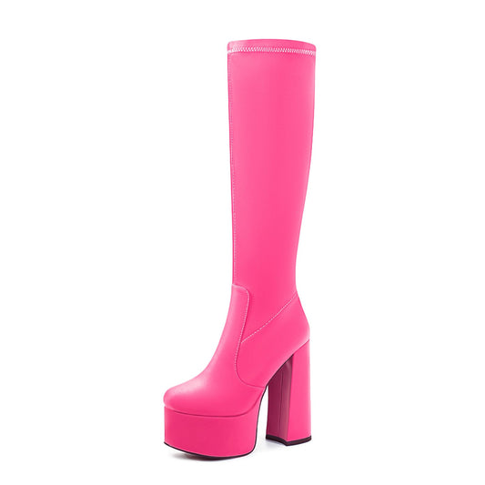 chunky heel Black White Red yellow knee high boots Platform Stretch boots Round toe Side zipper Sexy Super high heel hot pink shoes for women unisex-Magenta satin