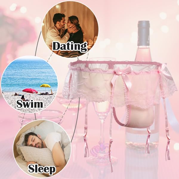 WINTOFW Lace Sissy Pouch Panties for Men Crossdressers Men's Lingerie Skirt G-String Underwear Briefs with Garters
