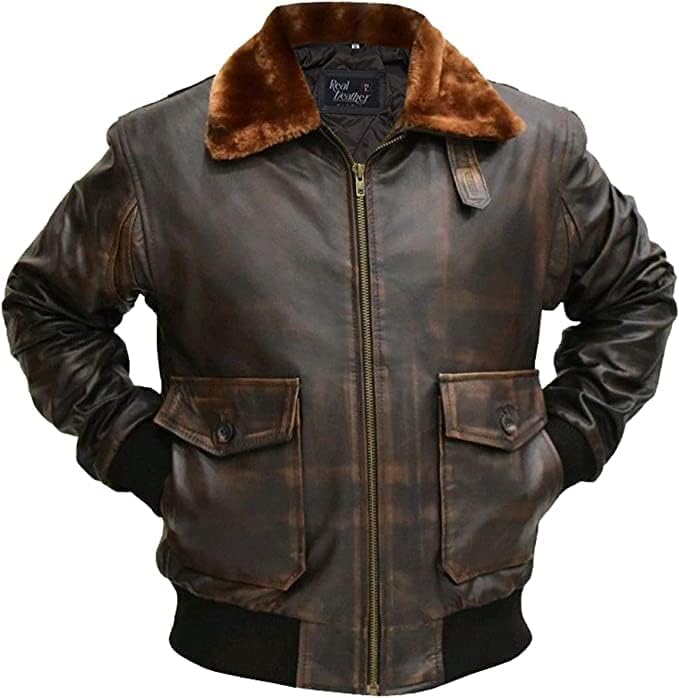 Brown Aviator G-1 Men Distressed Real Leather Bomber Flight Jacket - G1 Leather Naval Flight Jacket