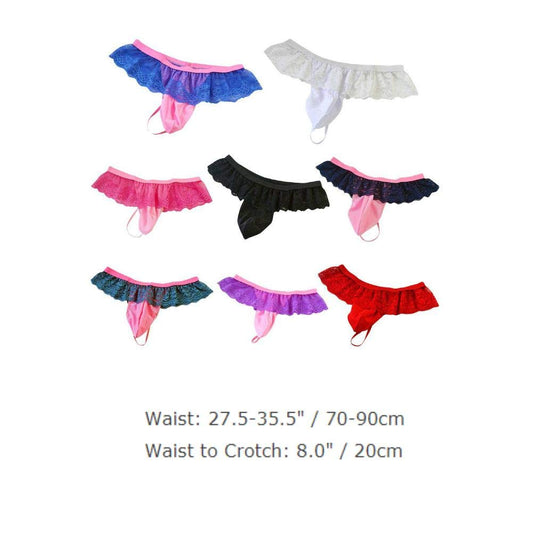 Men's Frilly Lace Trim Sissy Skirted Panties T-back G-string Thongs Briefs Girly Lingerie Crossdress Underwear Red One Size