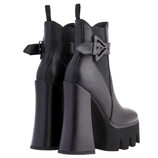 Women's Buckle Strap Thick Heel Platform Booties Ladies Elastic band High Heel Fashion Casual Ankle Boots(Black US5)