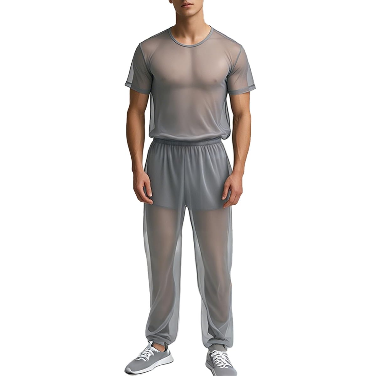YINYOUYU Mens Mesh Pants See Through Underwear Pajama Bottoms Lounge Home Leggings Sleepwear Cool Dry Yoga Trousers XL Grey