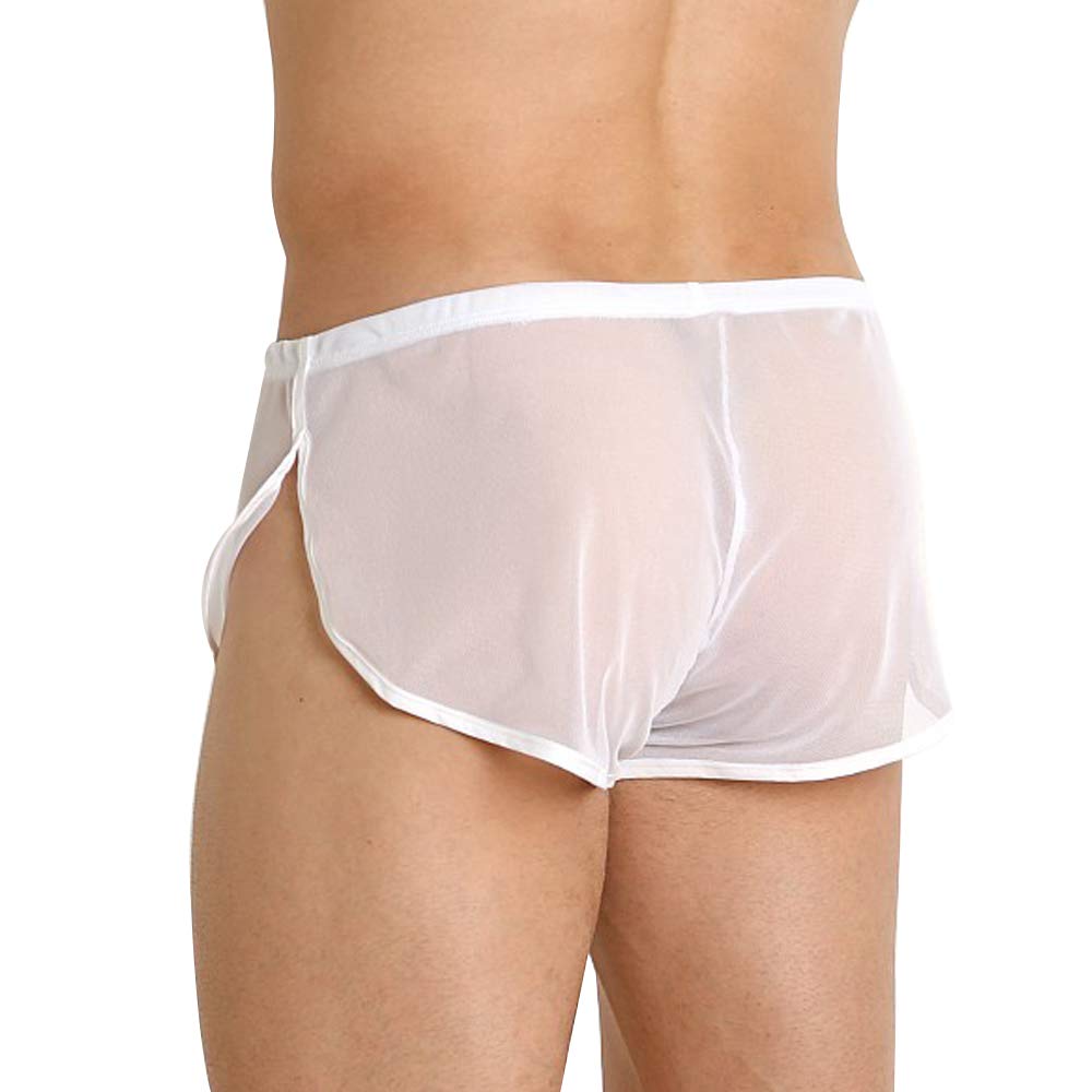 Mens Mesh Shorts See Through with Large Split Sides Sexy Sheer Boxers Underwear White 2XL