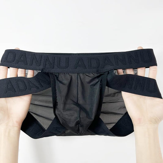 Meshal Sheer Men's Double Belt Bikini Briefs Silky Smooth Sexy Seamless Lingerie See Through Bulge Ball Pouch Underwear Black M