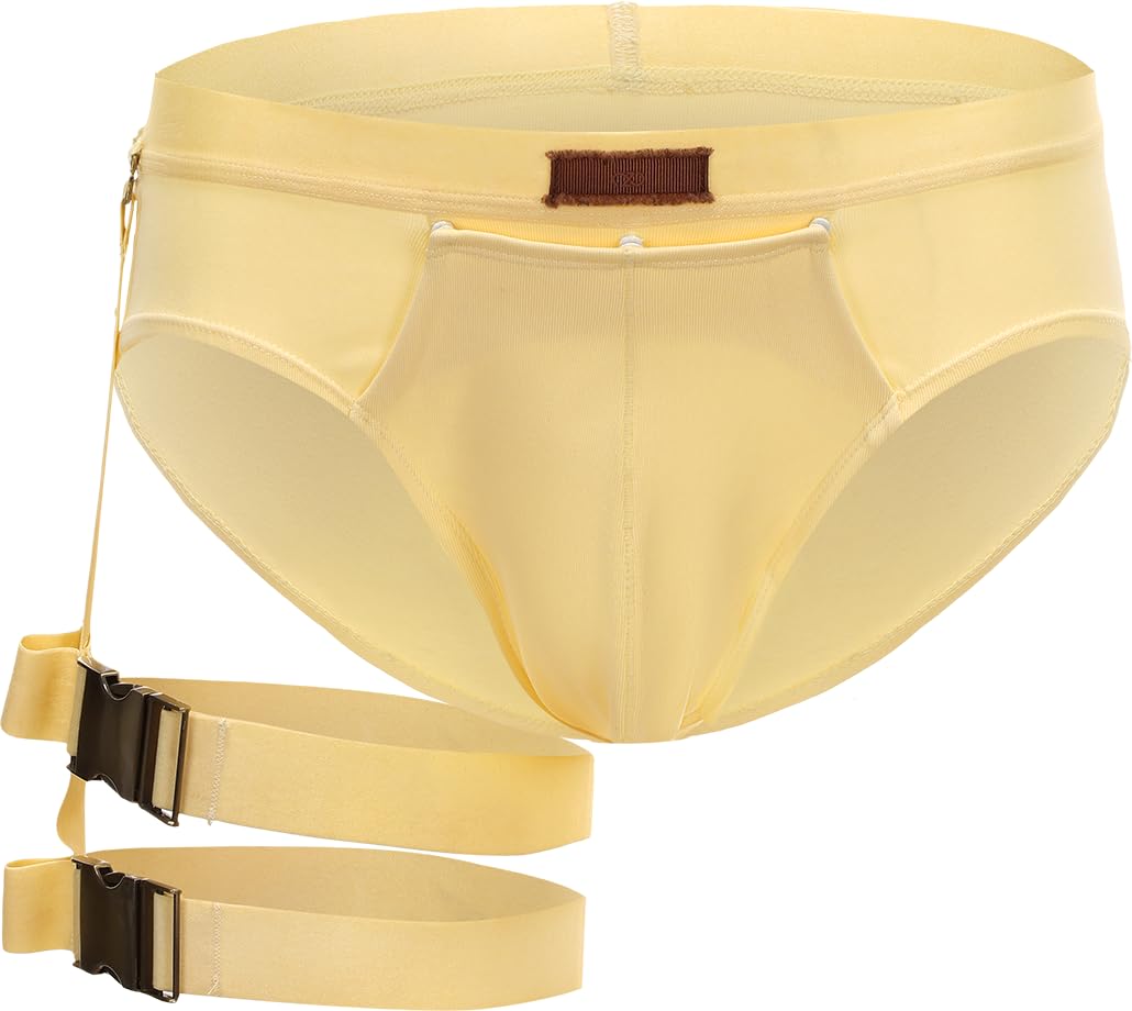 BSZN Men's Sexy Briefs, Cream Yellow Detachable Leg Strap Sexy Men Underwear, Mid High Rise Front Snap Open Pouch Vintage Metal Role Play Sexy Lingerie from L-Night Authority Badge Collection