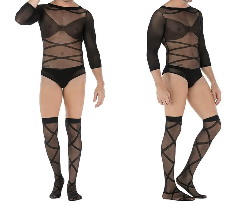 CAZEOUU Men's Sheer Black Bodysuit, Sexy Lingerie Set with Long Sleeve Top - Perfect for a Tempting Night In.
