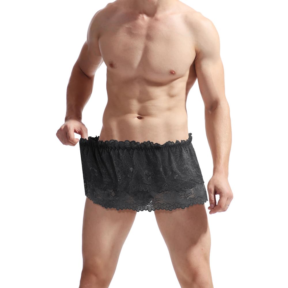 BTREEFLO Men's Sissy Lace Panties Double Layer Skirt Sissy Pouch Briefs Lingerie Sexy Underwear Thongs Black