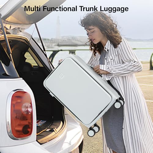 Hanke 28 Inch Luggage with Cup Holder and Charge,Top Opening Hard Shell Suitcases with Wheels and Dividers,Aluminum Frame Trunk Luggage Extra Large Suitcase with Lock for Travel,Smoke White