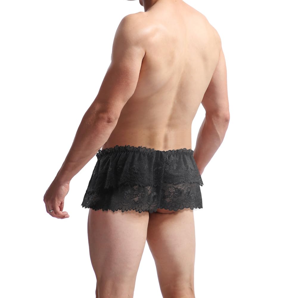 BTREEFLO Men's Sissy Lace Panties Double Layer Skirt Sissy Pouch Briefs Lingerie Sexy Underwear Thongs Black