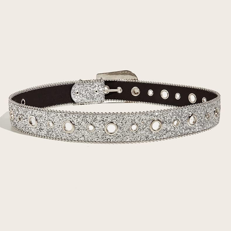 NociHah Silver Rhinestone-Belt Western-Cowgirl-Cowboy-Belts Vintage Bling Crystal Diamond Studded-Leather-Belt for Jean Pants (Silver)