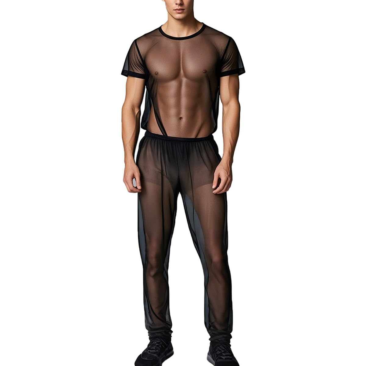 YINYOUYU Mens Mesh Pants See Through Underwear Pajama Bottoms Lounge Home Leggings Sleepwear Cool Dry Yoga Trousers XXL Black