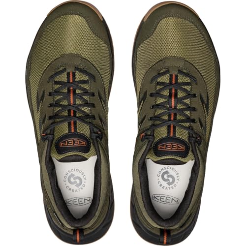 KEEN Men's Hightrail Low Height Durable Lightweight Breathable Leather Waterproof Hiking Shoes, Winter Moss/Gold Flame, 11.5