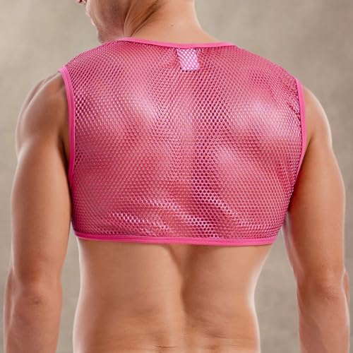 FIROTTII Men's Sexy Rose Pink Mesh Crop Top and Pink See Through Mesh Shorts (Rose + Pink S)