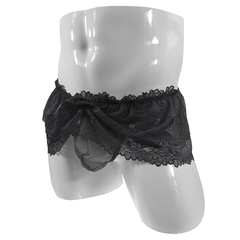 BTREEFLO Men's Sissy Lace Panties Double Layer Skirt Sissy Pouch Briefs Lingerie Sexy Underwear Thongs Black