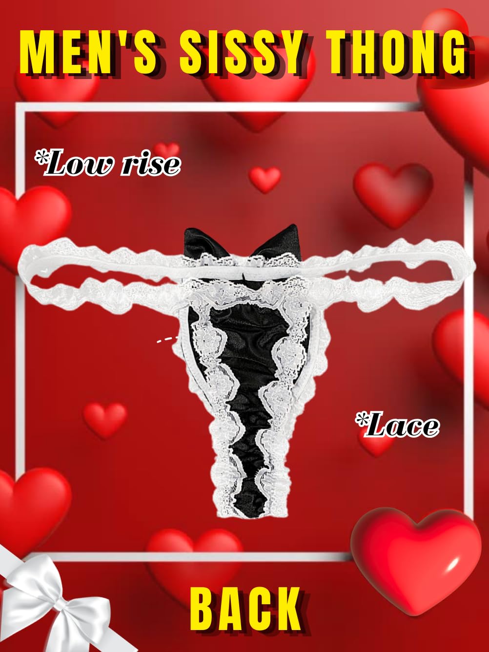 ChiaoLezhee Valentines Lingerie For Men, Satin Lace Sexy Underwear, Sissy Panties Femboy, Bow Girly Thong,Black