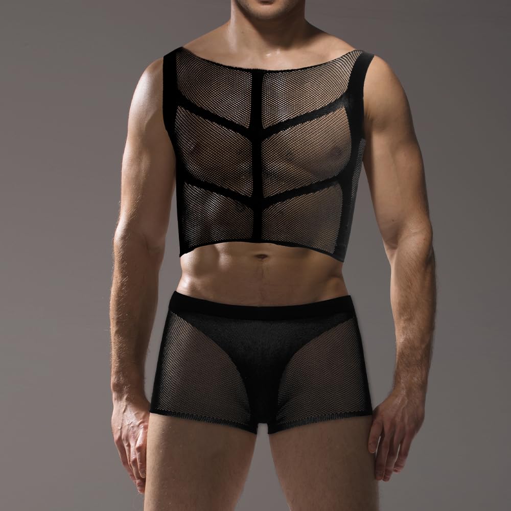Men's Tank Tops Clothes Gay Mens Sexy Sheer Mesh Fishnet Crop Top Shirt Sissy Lingerie Exotic date nightclub Man Underwear for Men
