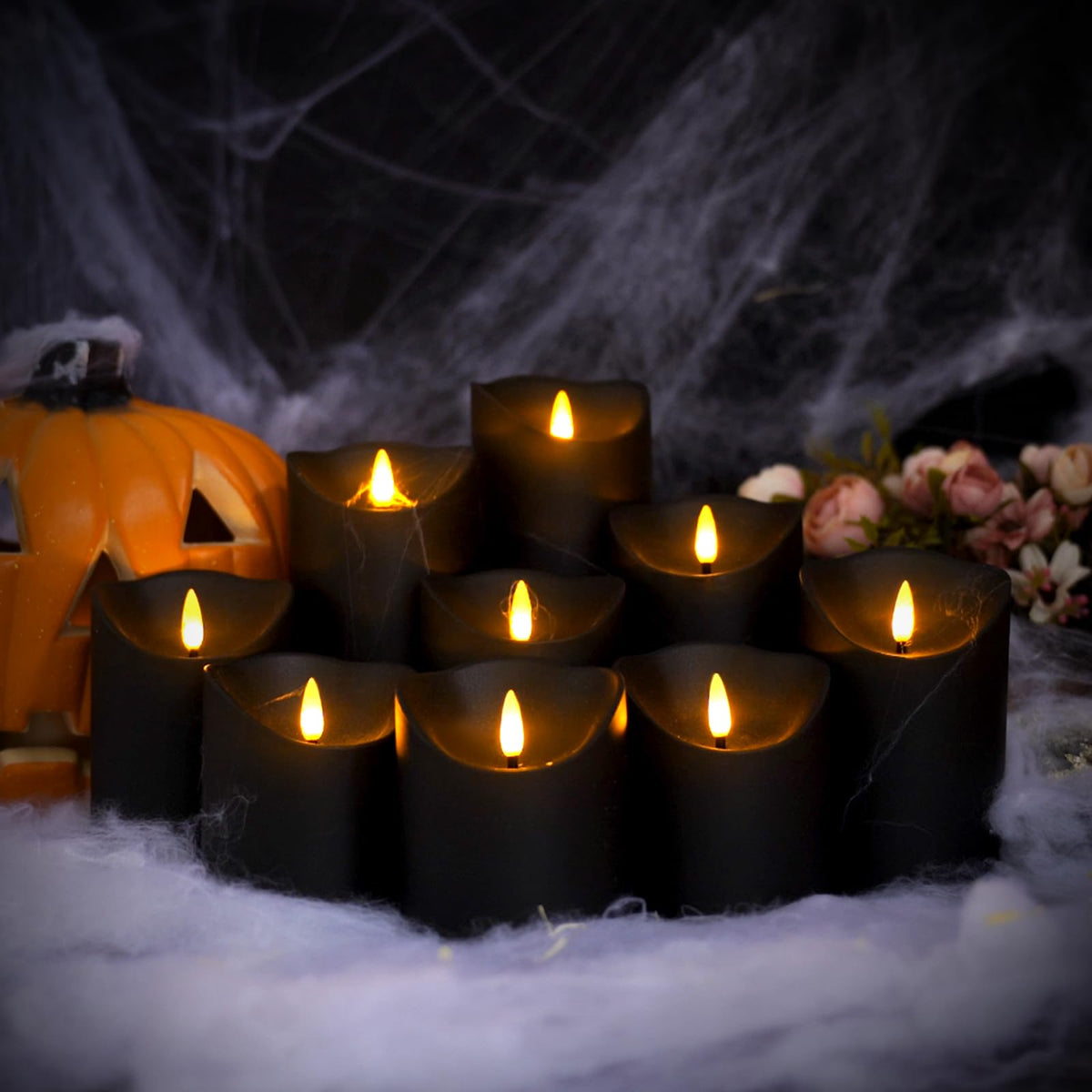 Nimiko Flameless Candles with Remote, Battery Operated Flickering Flameless Candles, LED Candles with Timer 2/4/6/8H, with Realistic LED Candles Set of 9 (D3 x H 3" 4" 5" 6" 7") (Black)