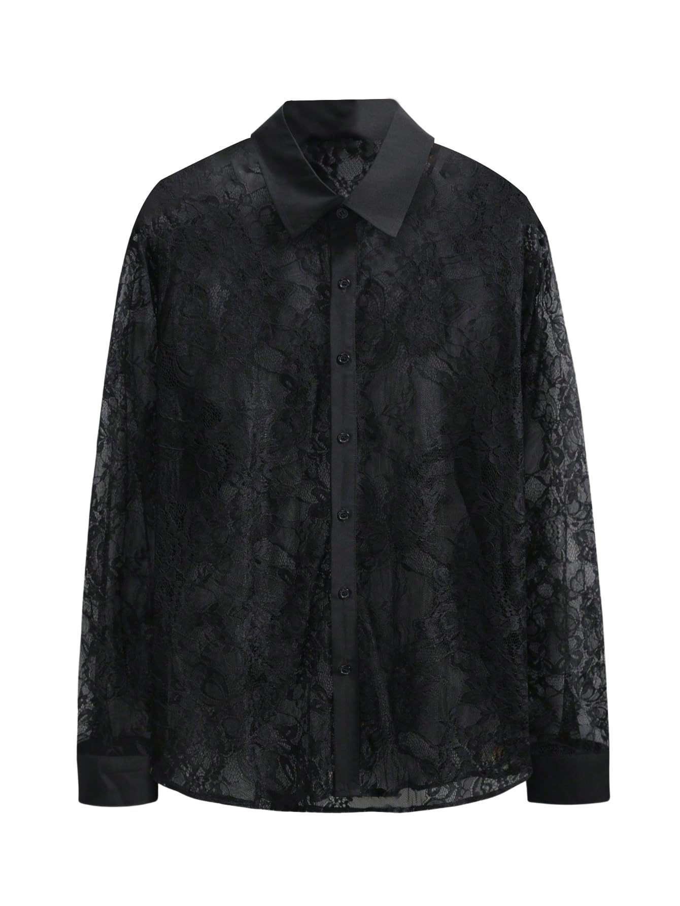 WDIRARA Men's Sexy Lace Button Down Shirts See Through Long Sleeve Collared Tops Party Clubwear Black X-Large