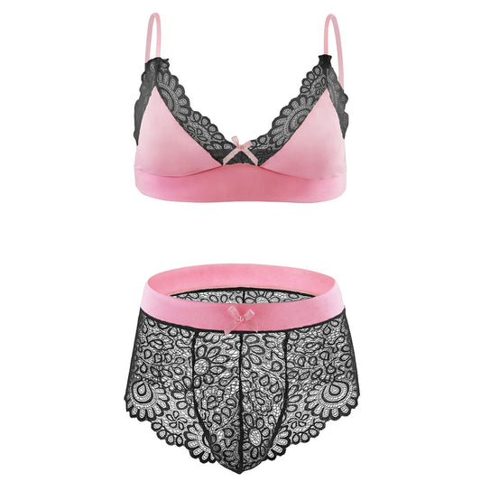 Men Sissy Underwear Floral Lace Bra Bikini Panties Bowknot Stockings 3 Piece Nightwear Sleepwear set Black + Pink X-Large