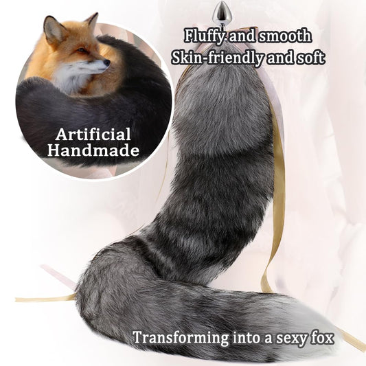 Butt Plug Fox Tail,Silver Blue Artificial Handmade Fox Tail,SM Props, Stainless Steel Anal Plug,Female Anal Expander,Cosplay Sex Toys-200CM Tail||2.8CM Butt Plug